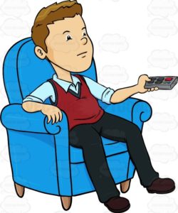 Man wearing a sweater vest, sitting in a blue chair changing channels with a remote control